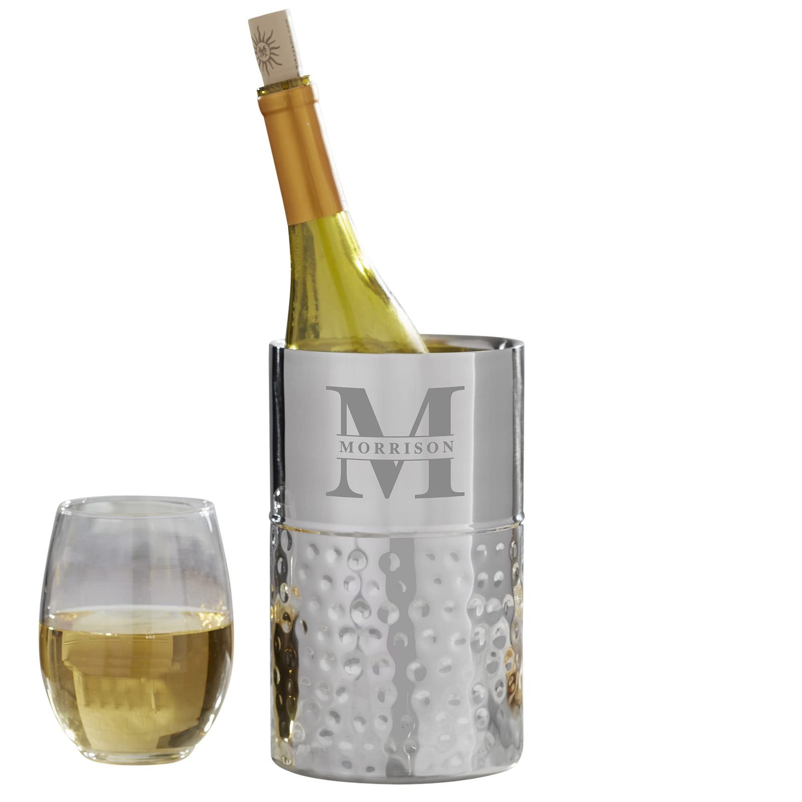 Wine bottle in a personalized cooler with a glass of wine