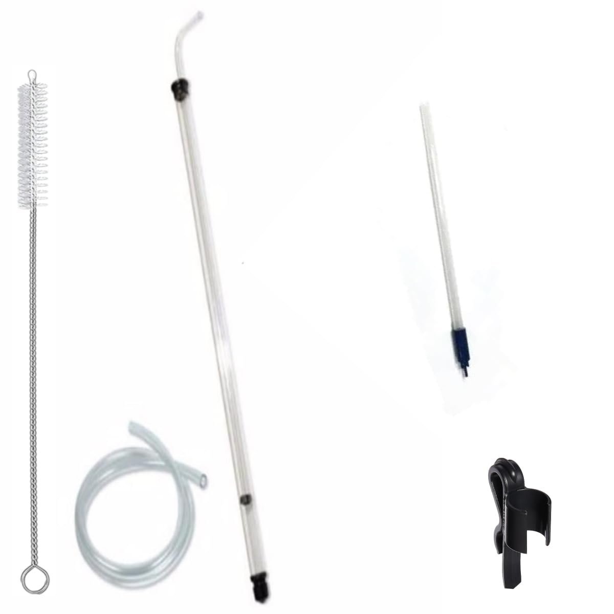 Brewing equipment: siphon, tubing, brush, and clip on a white background