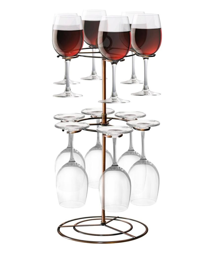 Wine glasses on a tiered metal rack, some filled with red wine