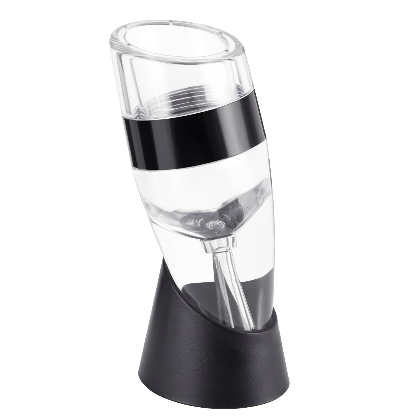 Clear wine aerator with black accents and base, isolated on white