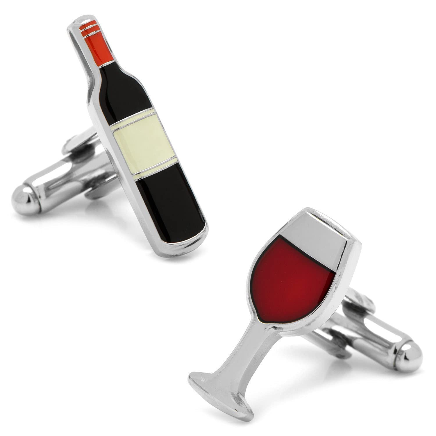 Cufflinks shaped like a wine bottle and a wine glass, silver and enamel