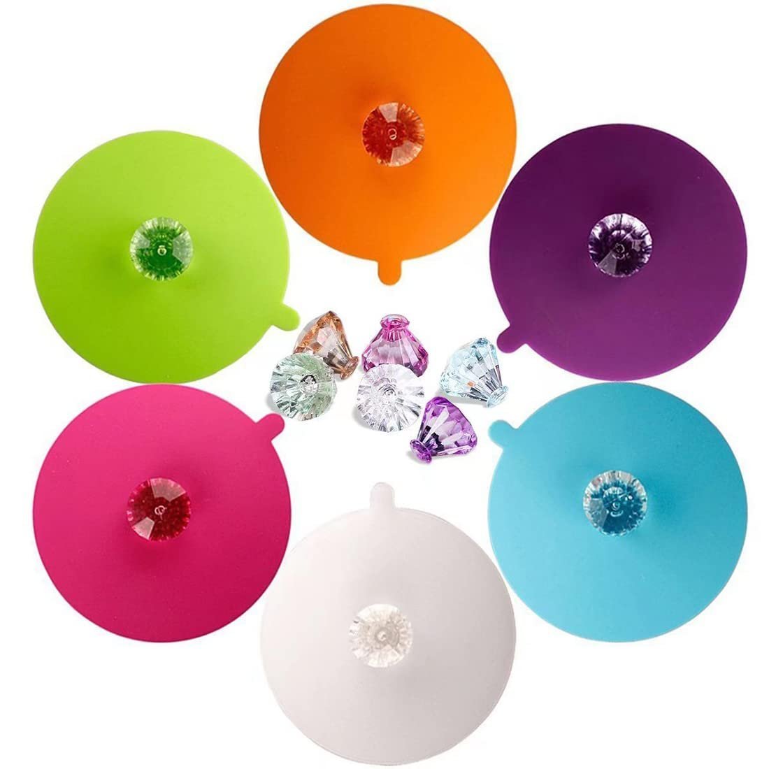 Colorful silicone cup lids with jewel-like handles and small decorative gems