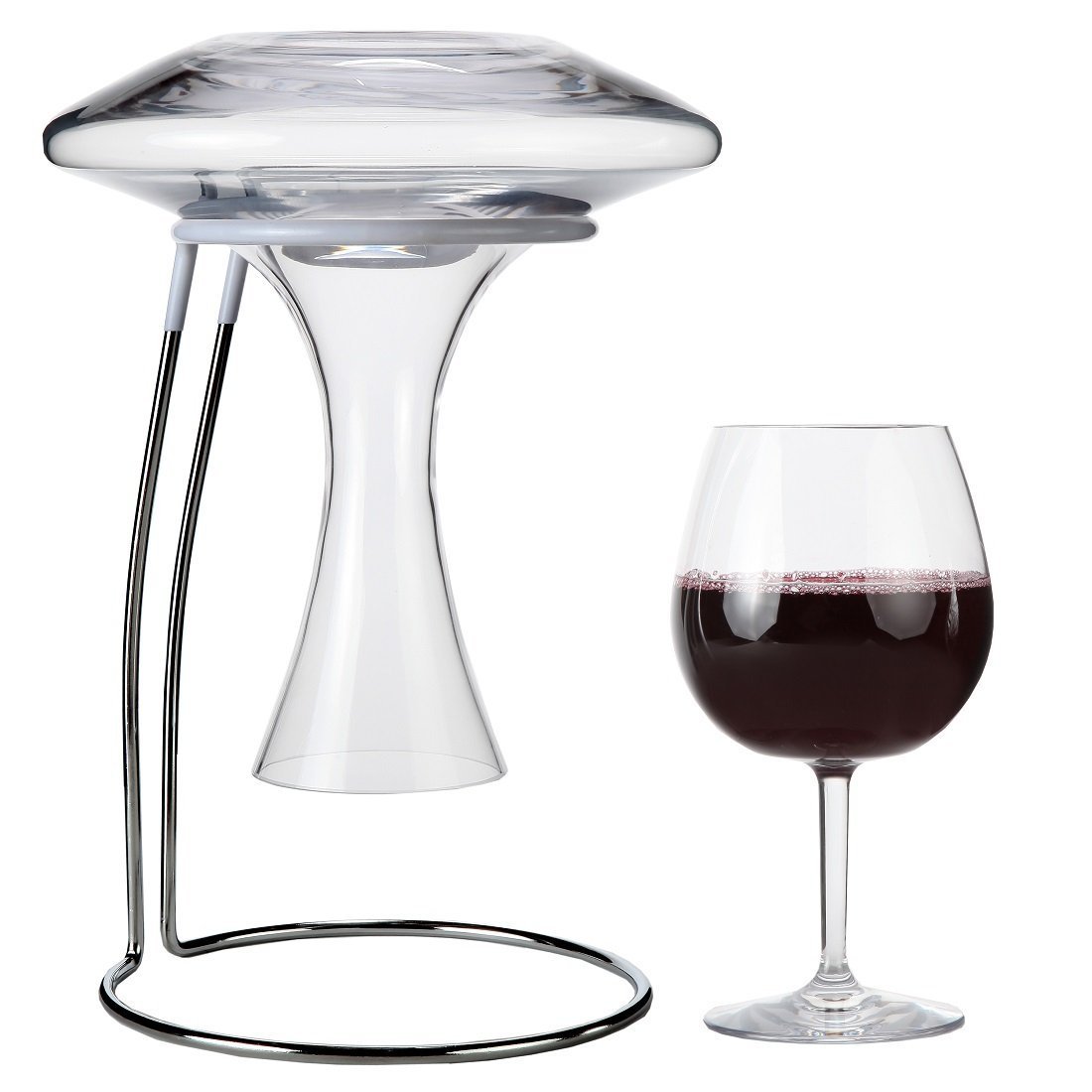 Wine aerator with glass of red wine on a white background