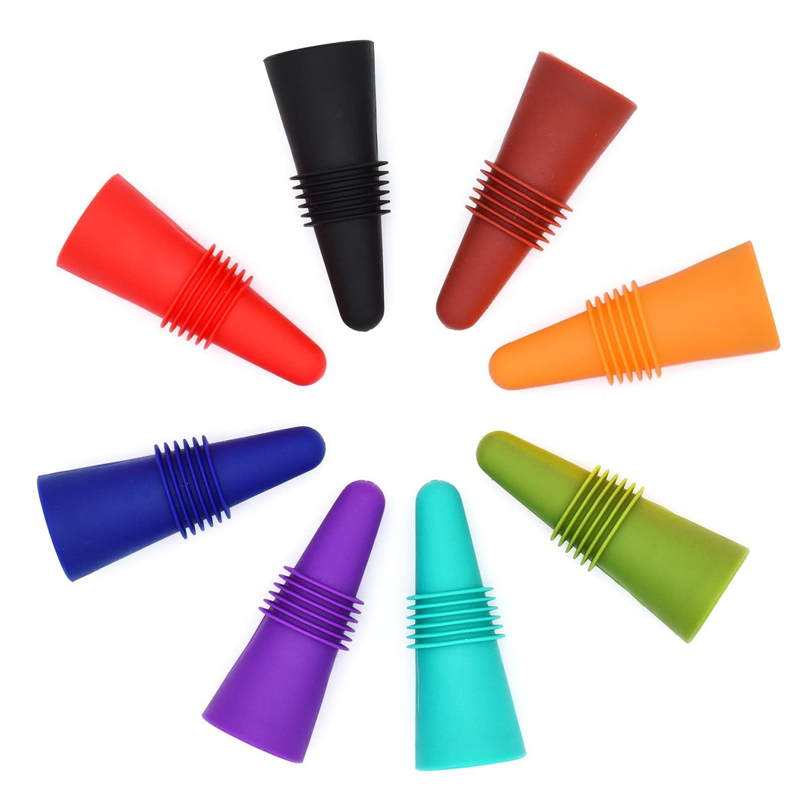 Colorful silicone wine bottle stoppers arranged in a circle on white background
