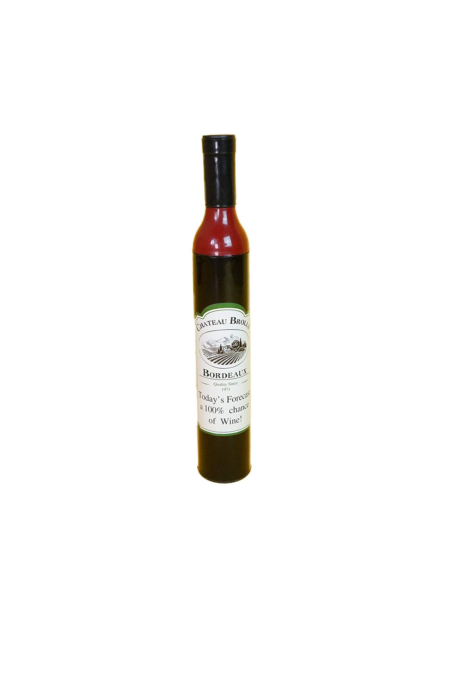 Bottle of Chateau Brolly Bordeaux wine with a black cap and label