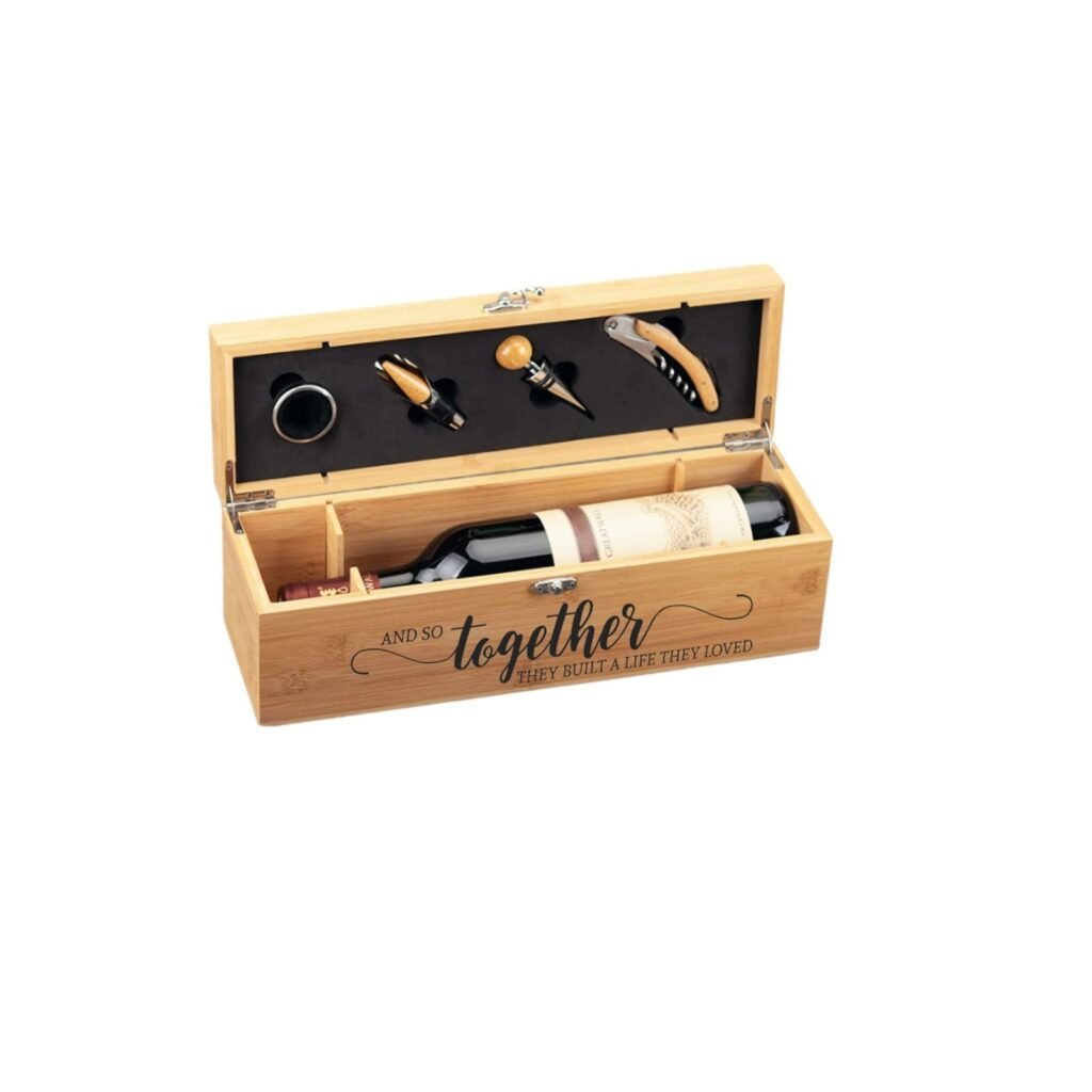 Wooden wine gift set with bottle, corkscrew, and accessories