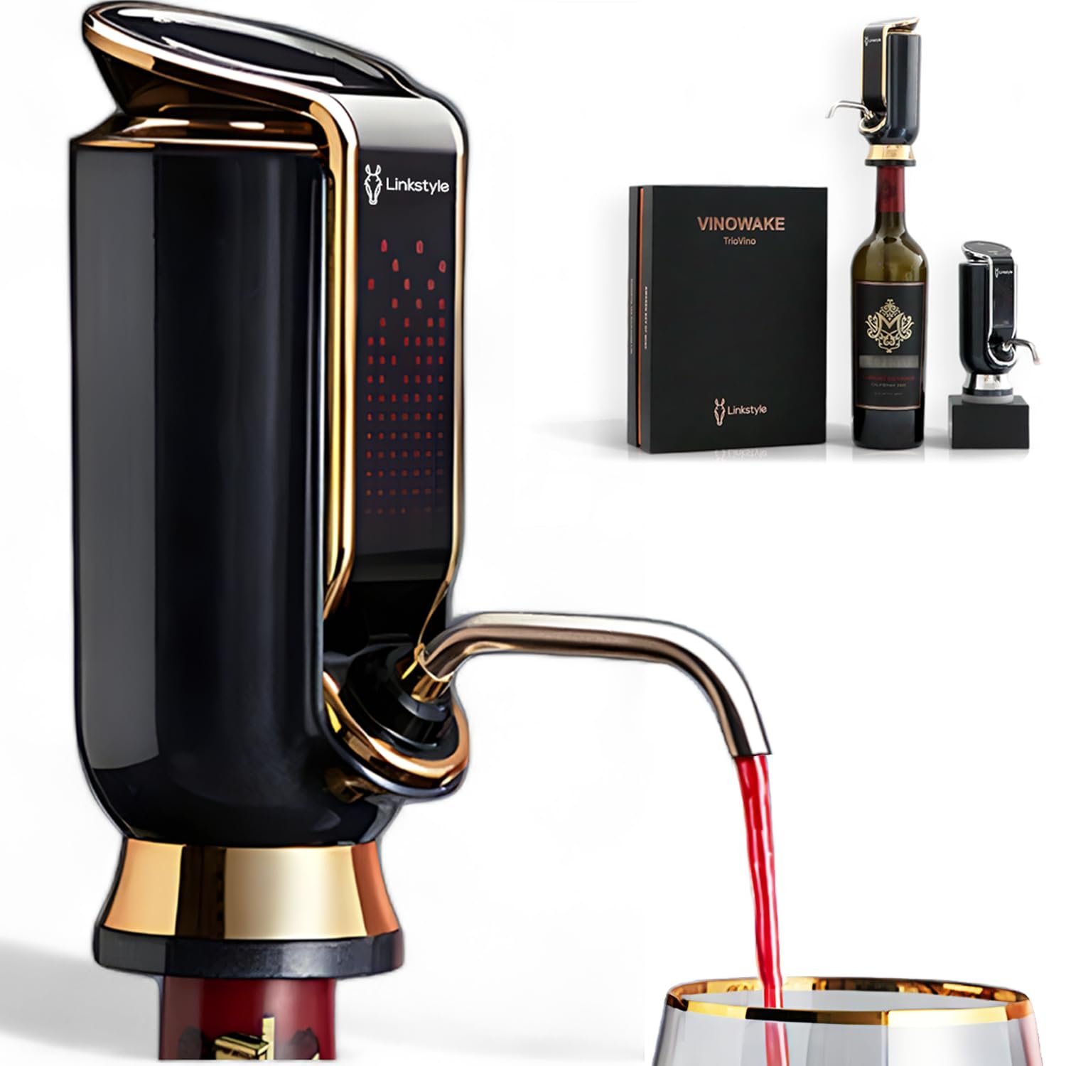 Black and gold wine dispenser pouring red wine into a glass