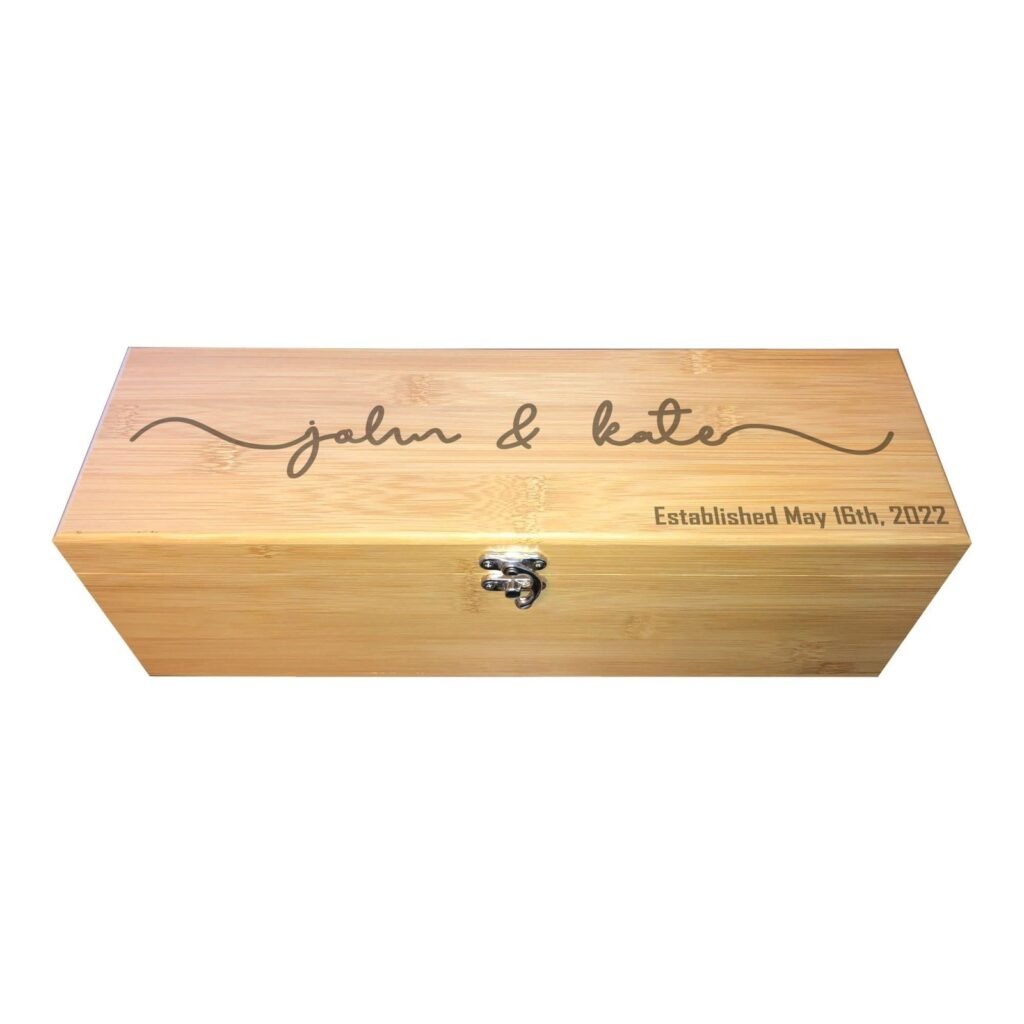 Wooden box engraved with "John & Kate" and "Established May 16th, 2022"