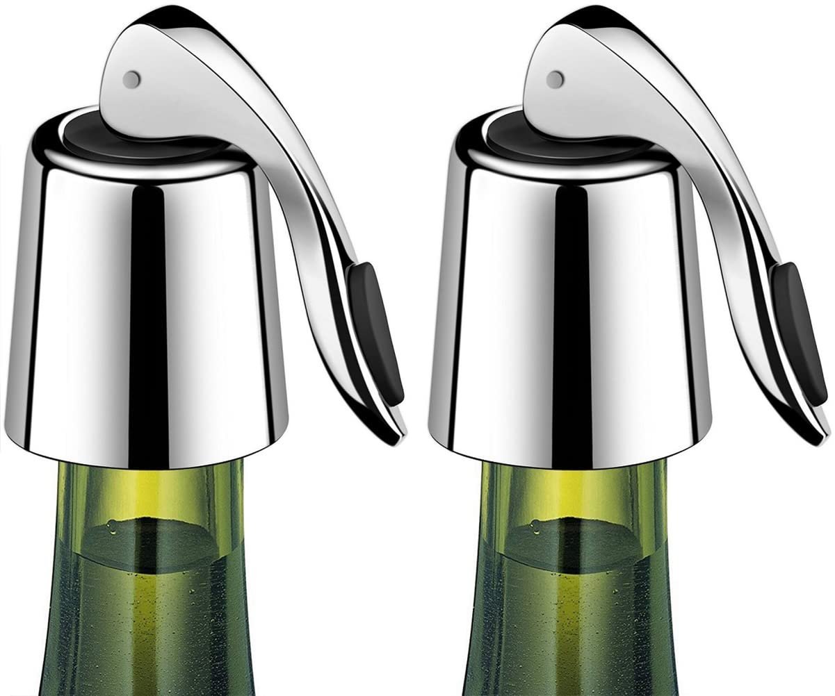 Two chrome wine bottle stoppers with black rubber grips