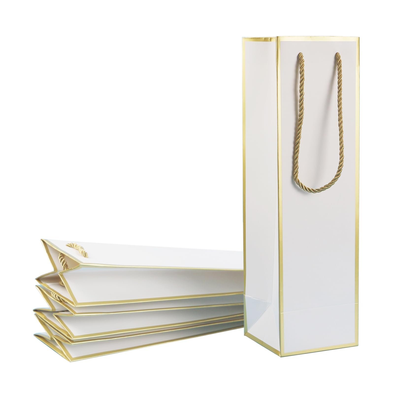 White and gold gift bags, one upright, and a stack of folded bags