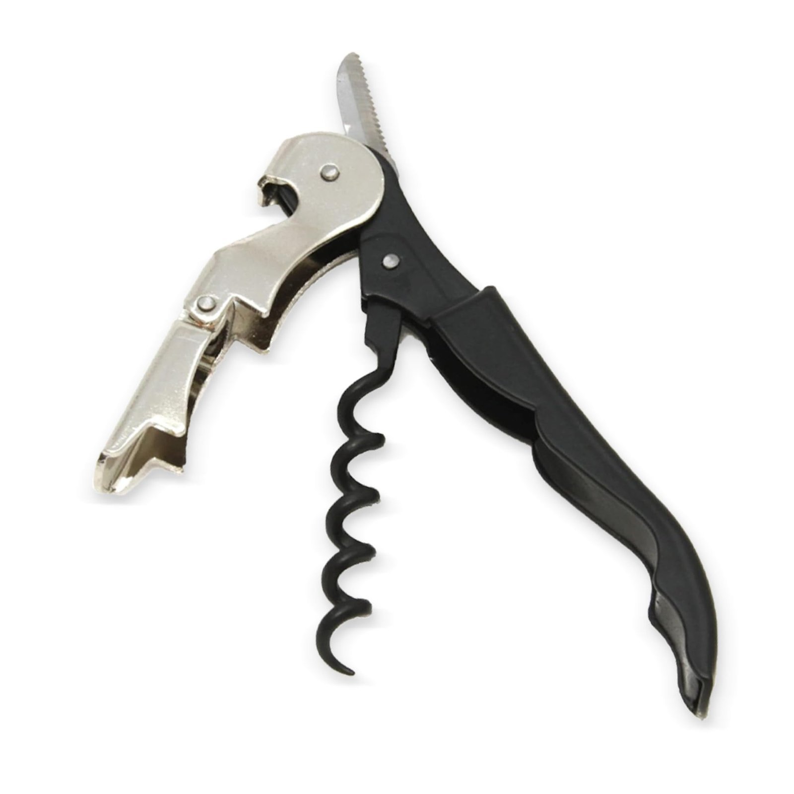 A black and silver wine opener with a corkscrew and knife