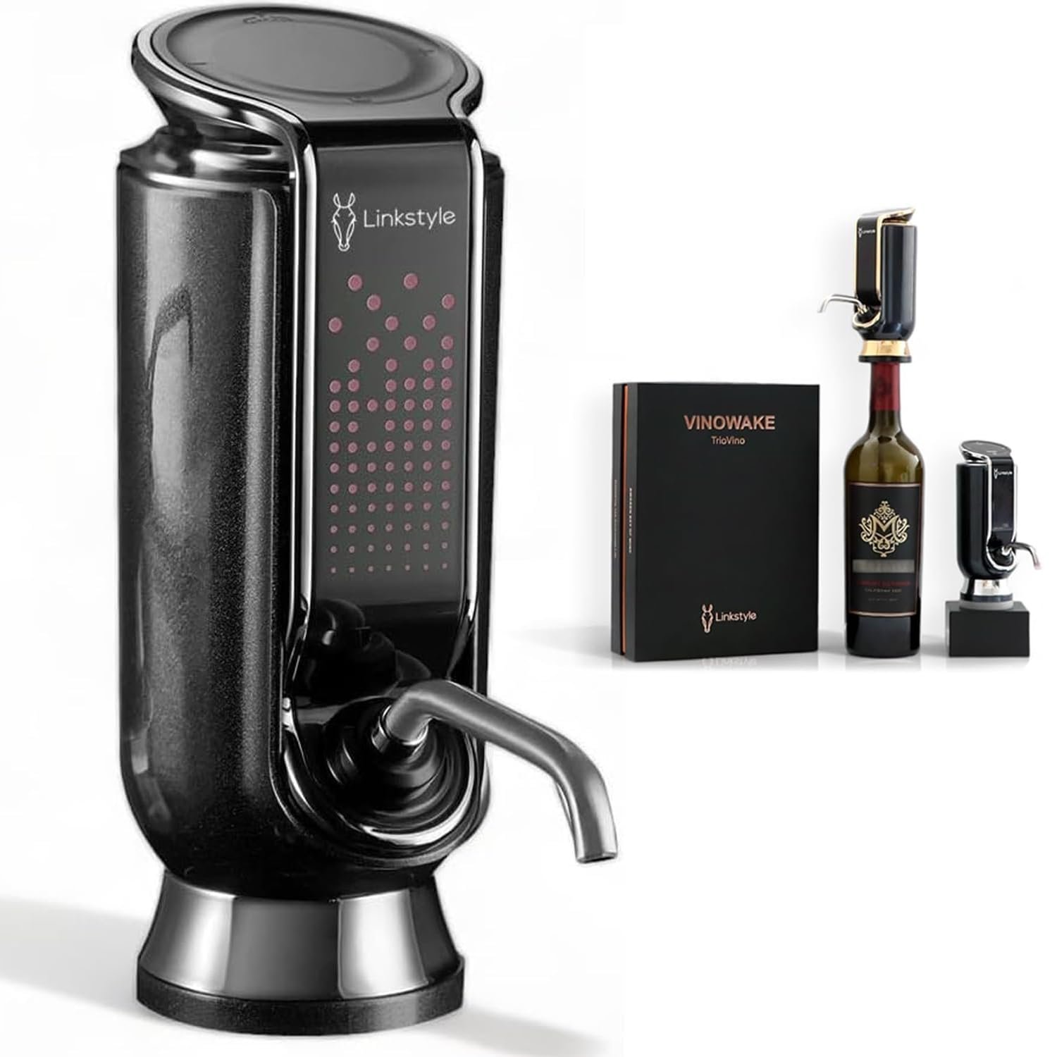 Black wine dispenser with accessories, box, and a bottle of wine