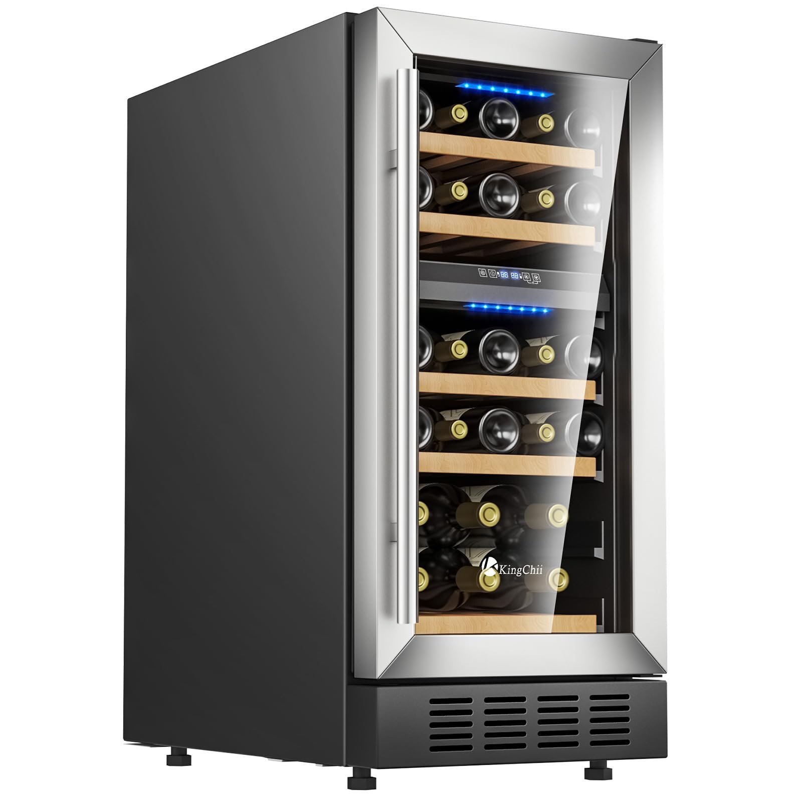 Wine cooler with glass door, stainless steel trim, and wine bottles inside