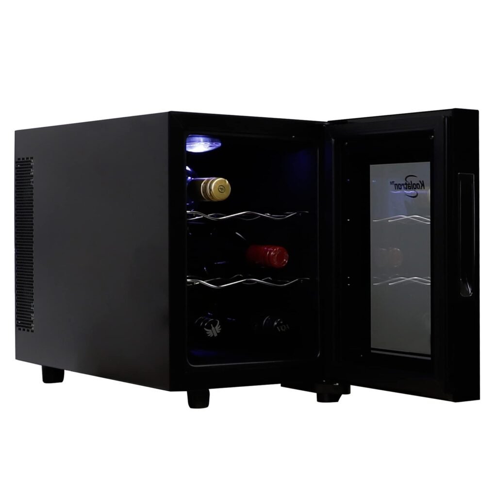 Black wine cooler with open door, bottles inside, and interior light