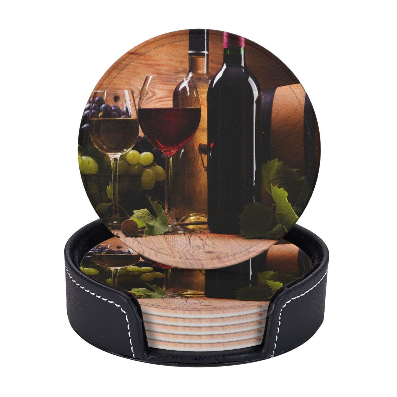 Coaster set with wine bottles, glasses, grapes, and a wooden barrel background