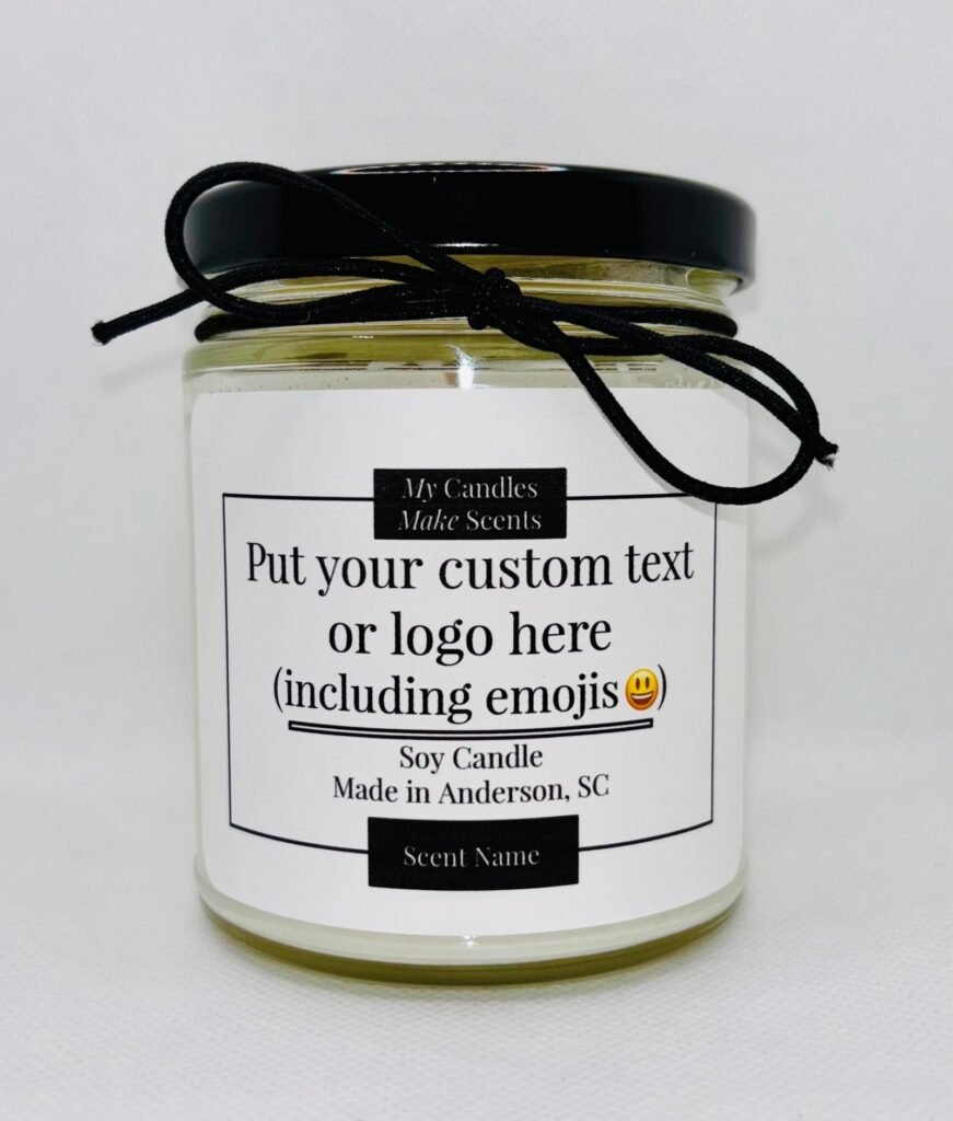 Soy candle in a glass jar with custom label and black string