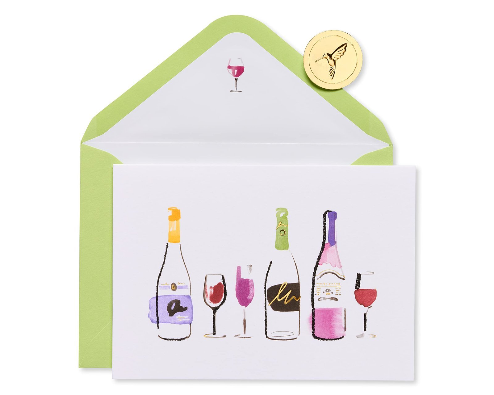 Greeting card with wine bottles and glasses, in a green envelope
