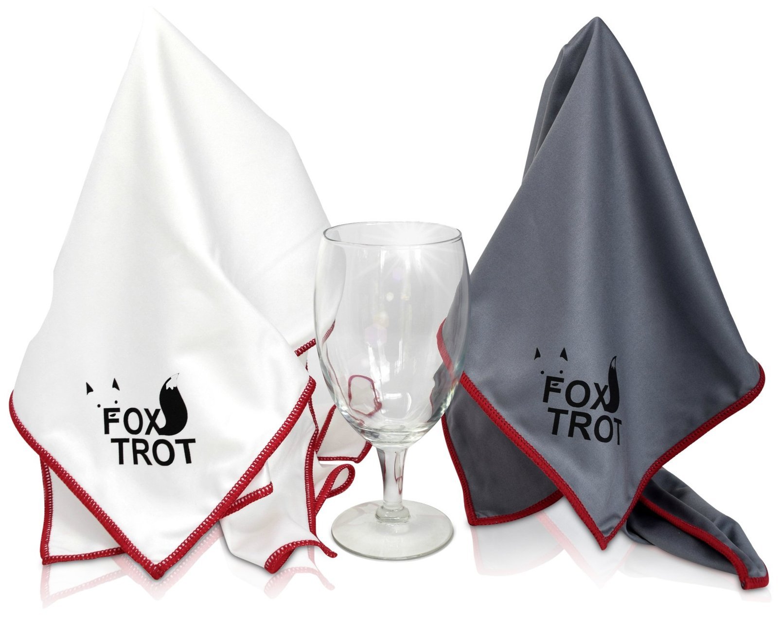 Wine glass with two Fox Trot cloths, white and gray with red trim