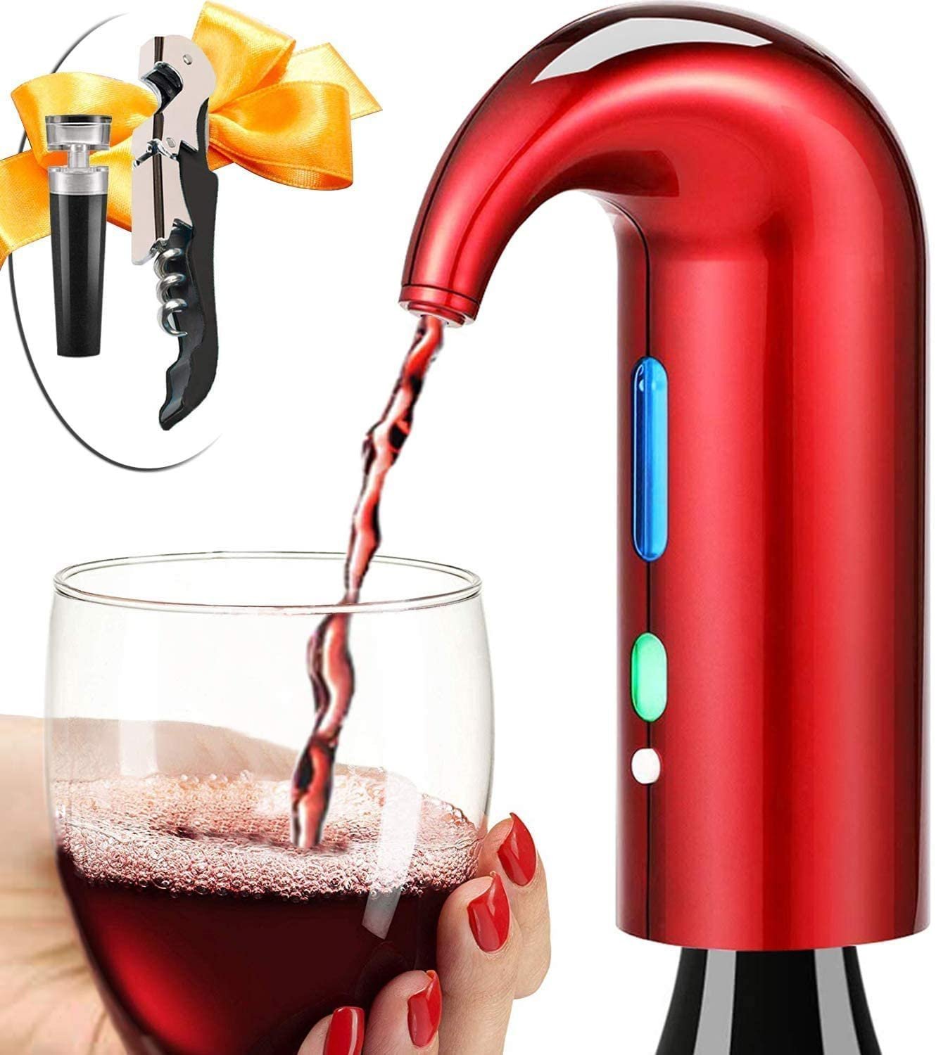Red wine being poured into a glass from an electric wine dispenser