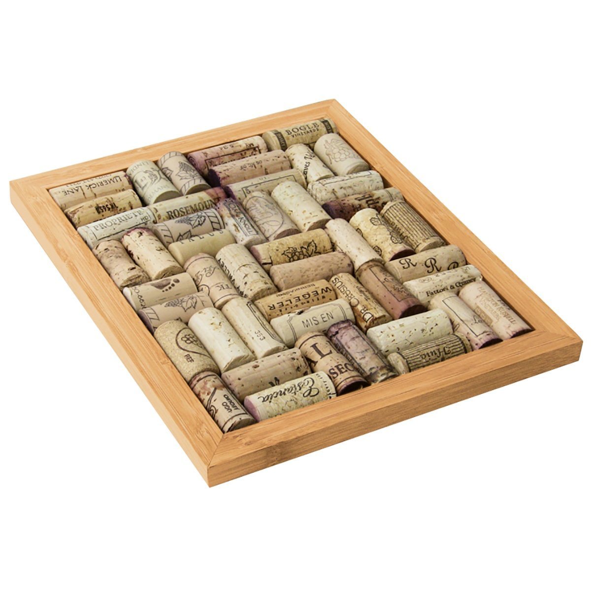 Wine corks arranged in a wooden tray, with various brand labels visible