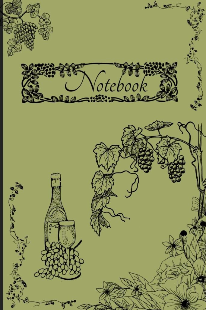 Notebook cover with wine bottle, grapes, and floral vine design