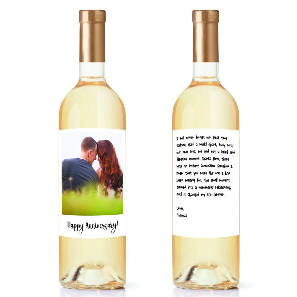 Two wine bottles with custom labels, one with a photo, one with text
