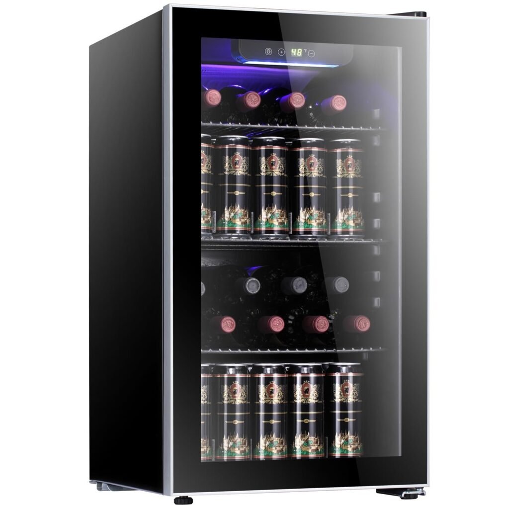 Black wine and beverage cooler with wine bottles and cans