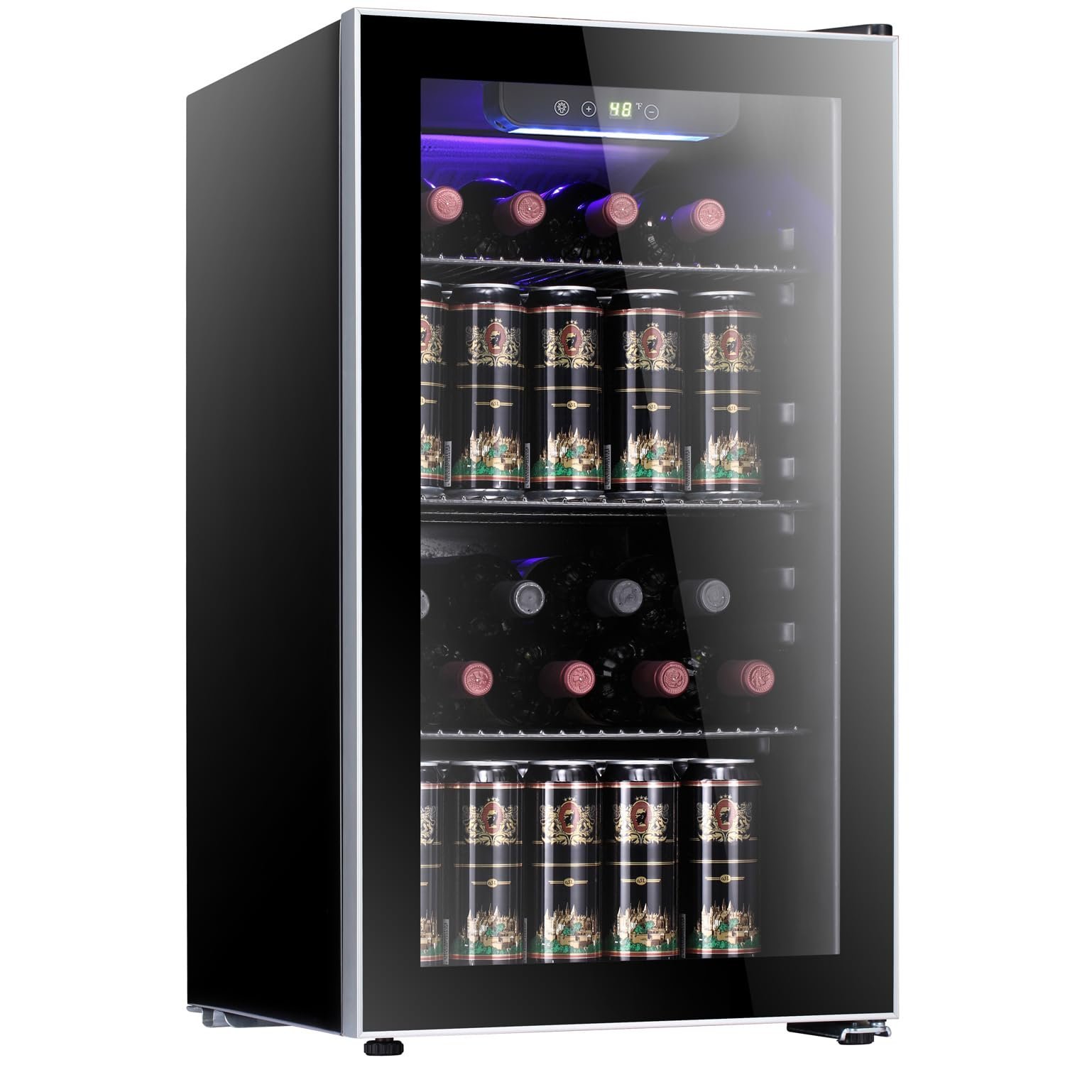 Black wine and beverage cooler with wine bottles and cans