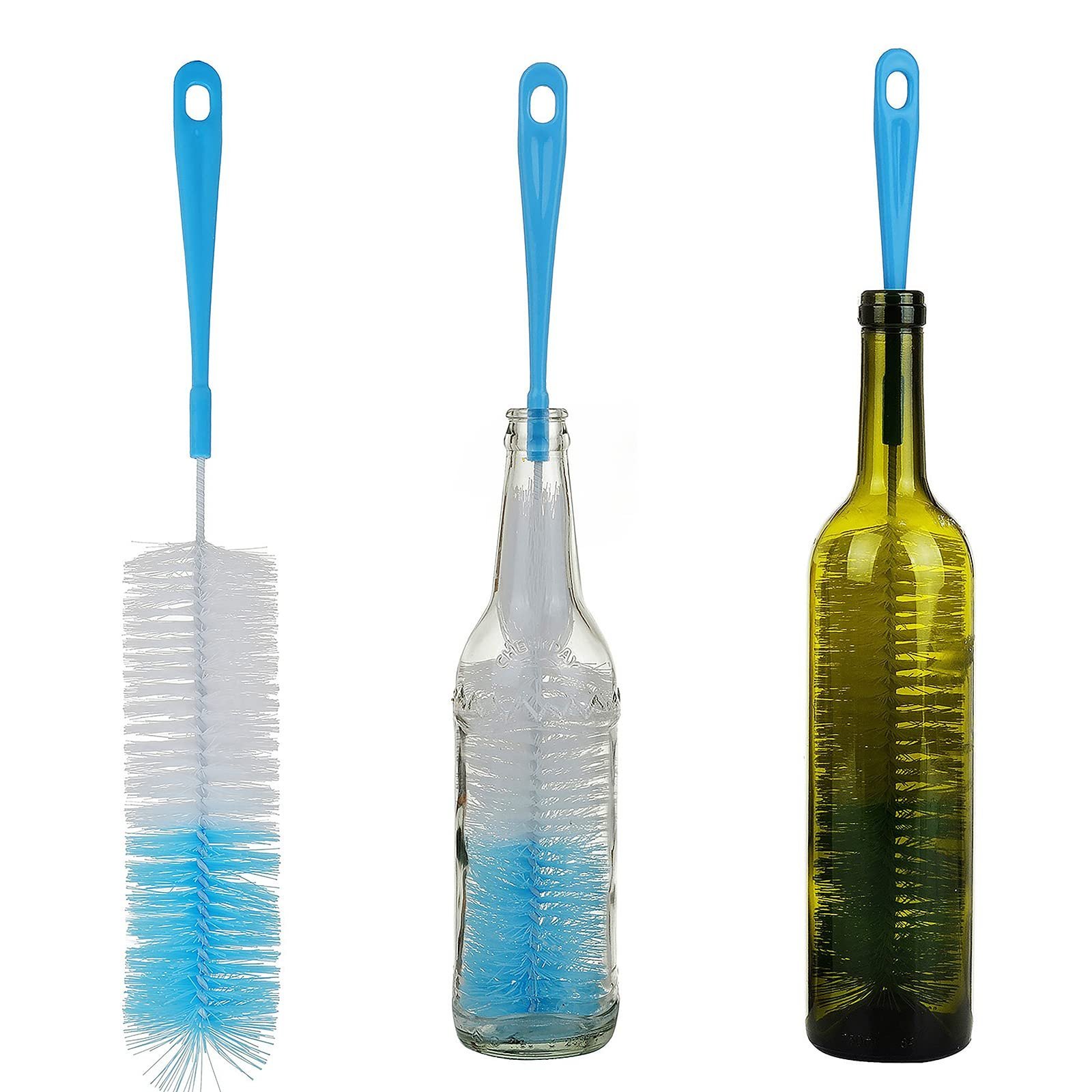 Three bottle brushes, one in a bottle, one next to a bottle