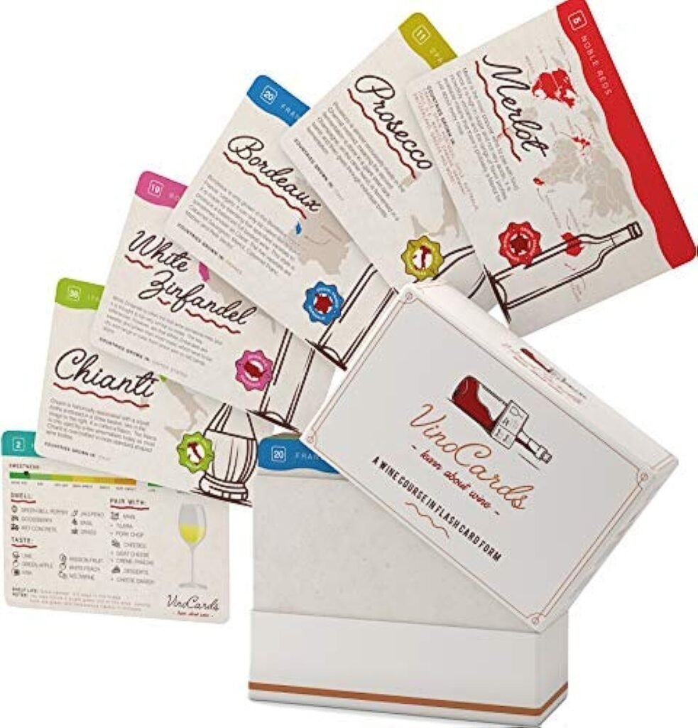 VinoCards wine flash cards with various wine types and tasting notes displayed
