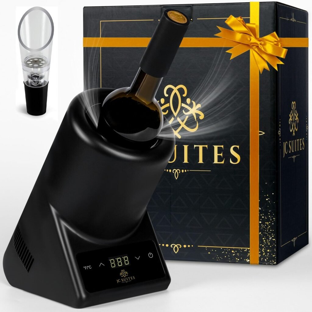 Black wine chiller with bottle, gift box, and aerator