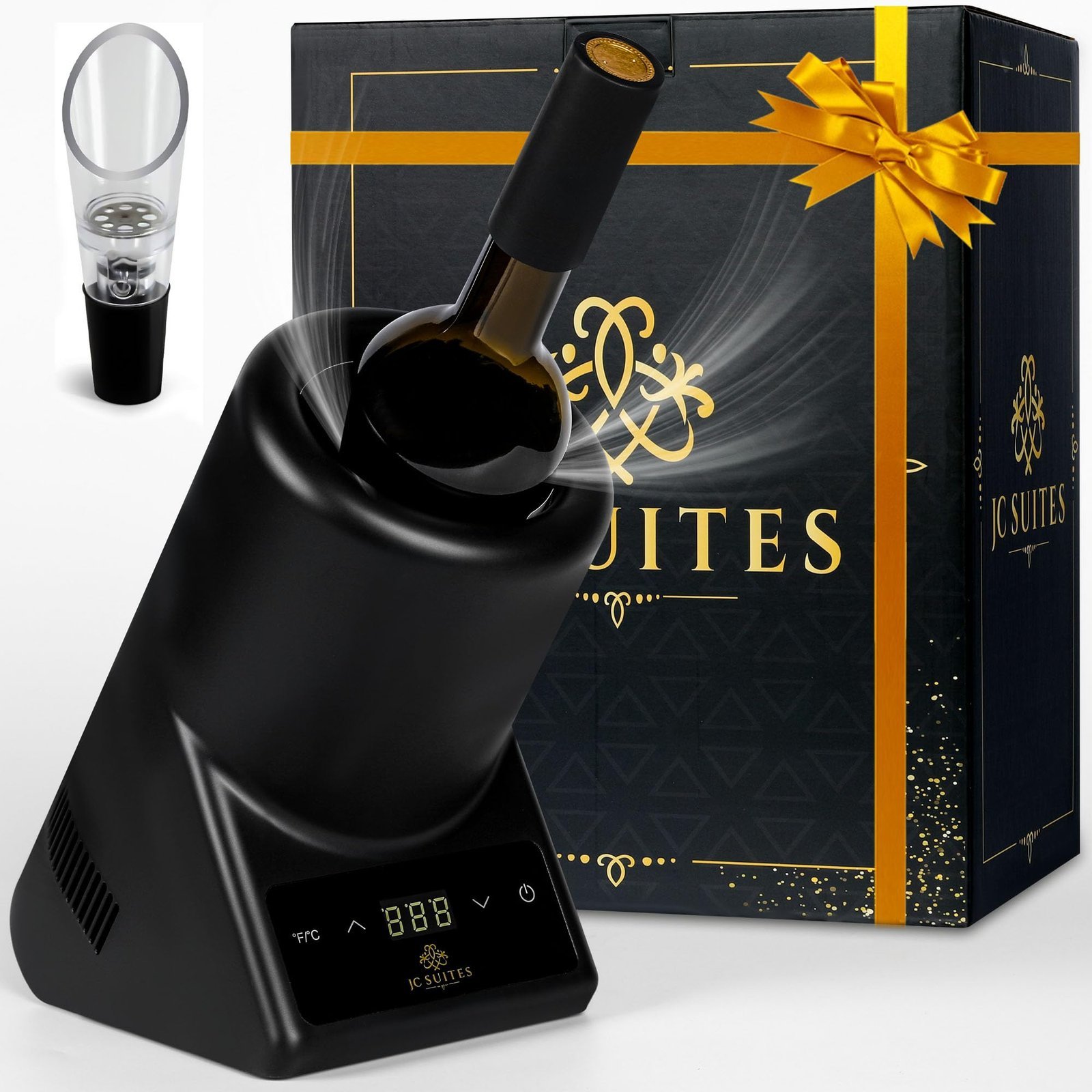 Black wine chiller with bottle, gift box, and aerator