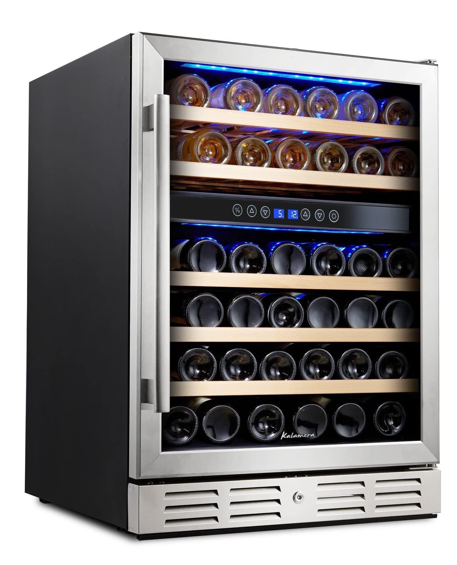 Stainless steel wine refrigerator filled with bottles on wooden shelves