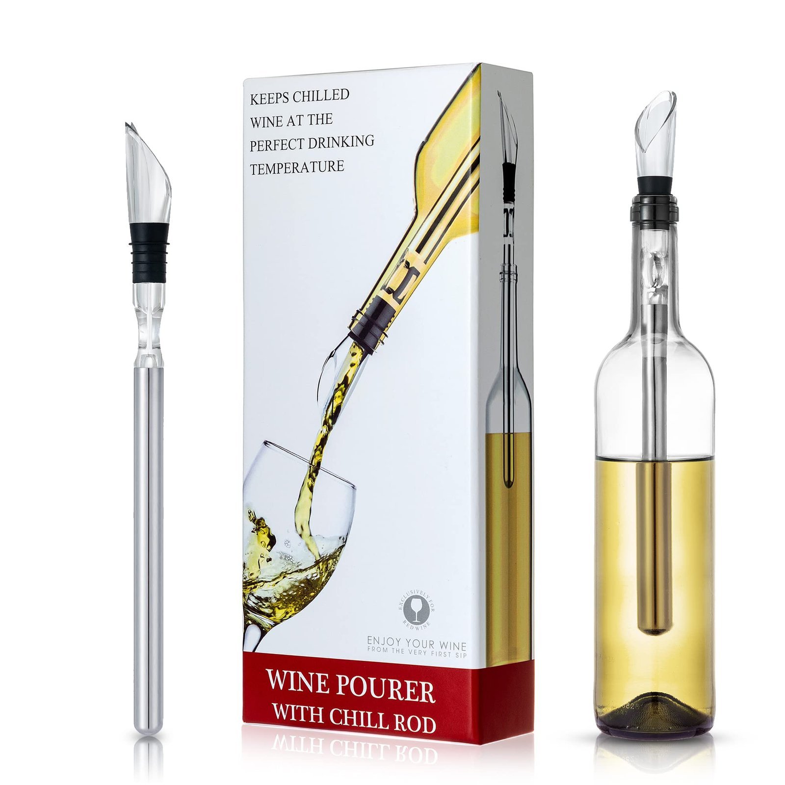 Wine pourer with chill rod, box, and wine bottle with chill rod inside