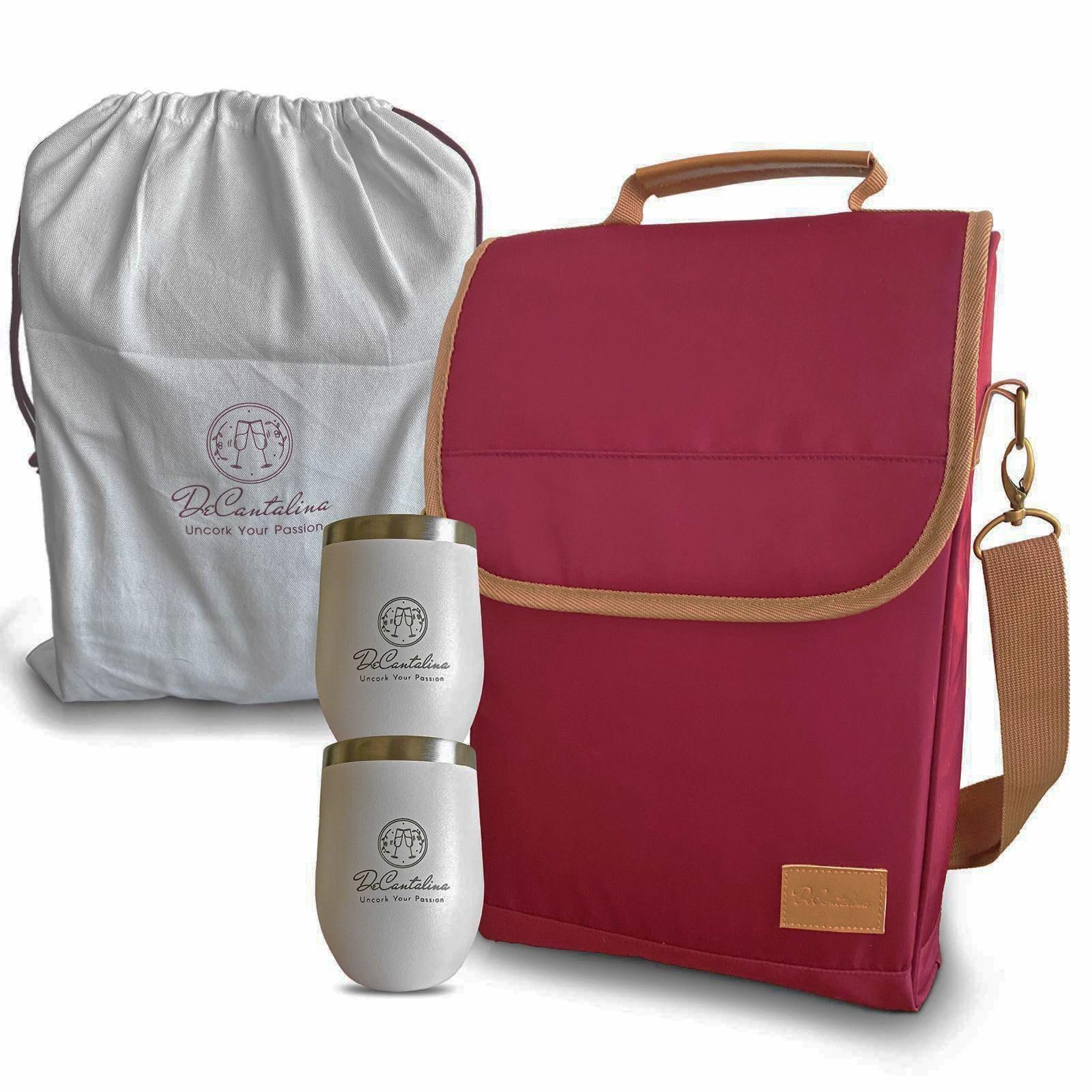 Wine tote bag, two wine tumblers, and drawstring bag with logo