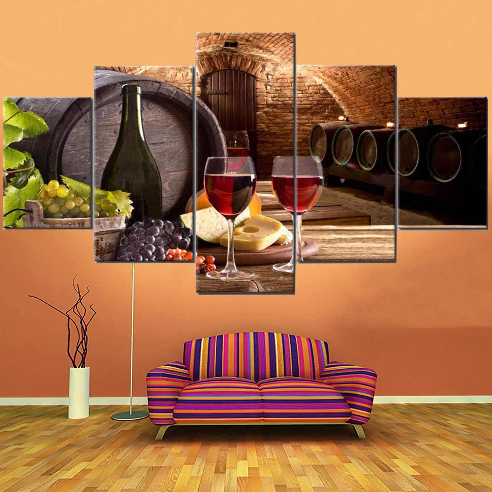 Wine glasses, cheese, grapes, and wine barrels in a cellar scene