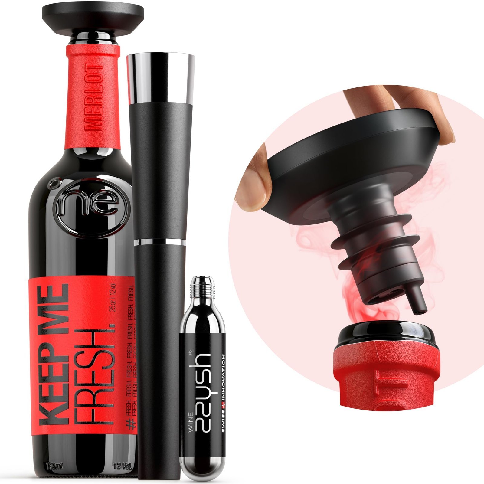 Wine bottle with preservation system, including a Merlot bottle and accessories
