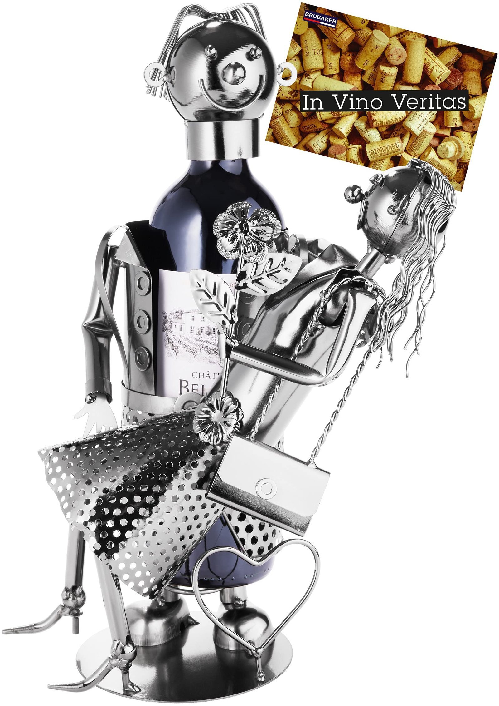 Metal wine bottle holder in the shape of a couple, with "In Vino Veritas" sign