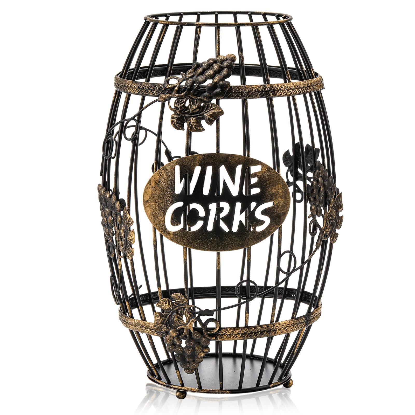 Metal wine cork holder shaped like a barrel, with grape vine accents