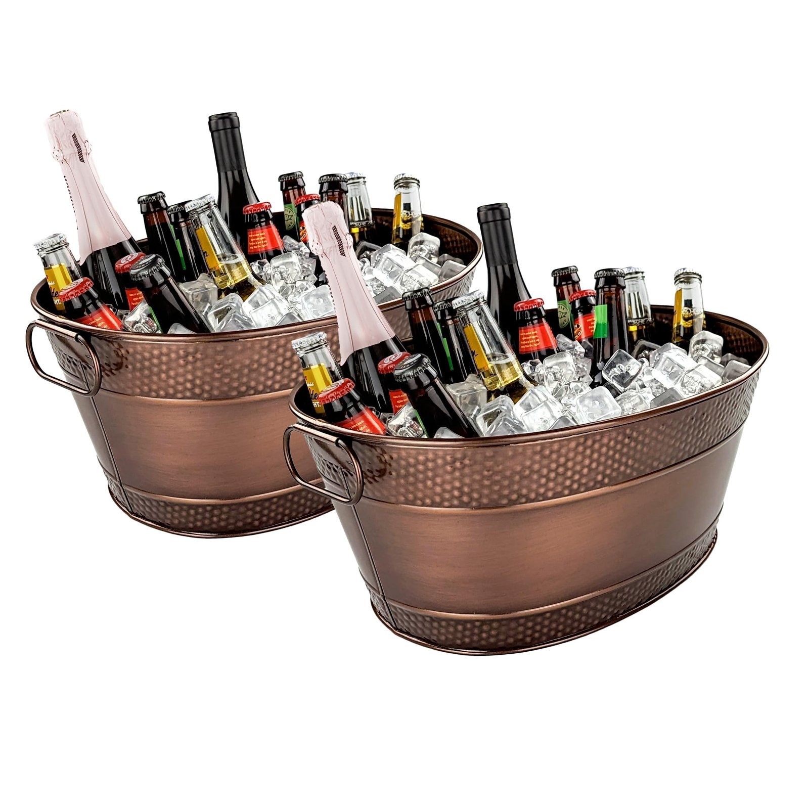 Two copper tubs filled with ice and assorted bottles of beer