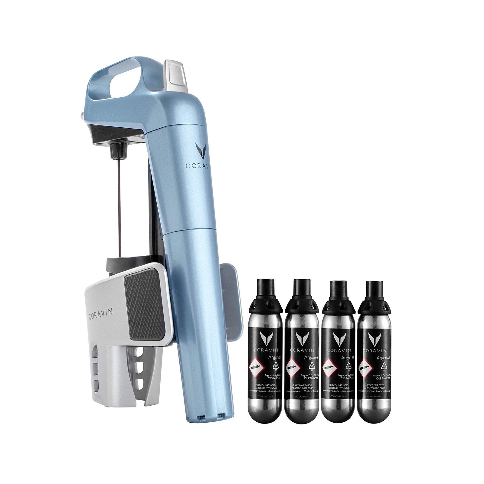 Coravin wine system with argon gas cartridges, blue and silver