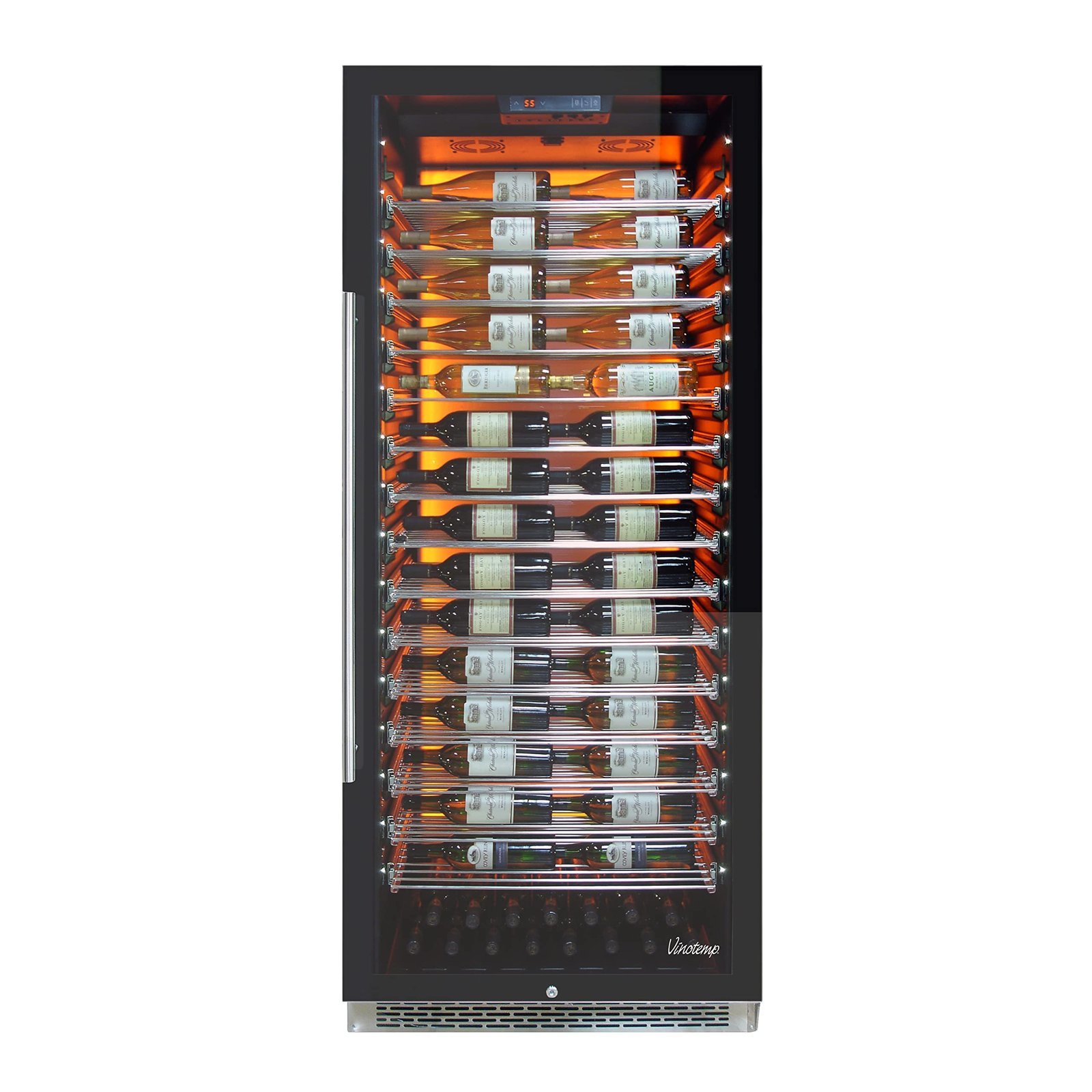 Wine refrigerator filled with bottles, lit shelves, and a digital temperature display