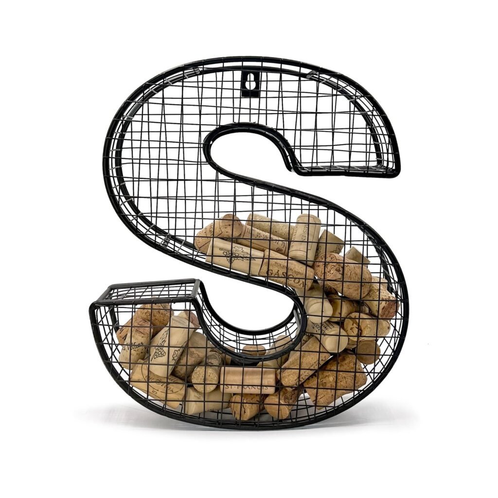 Black wire "S" shaped basket filled with wine corks