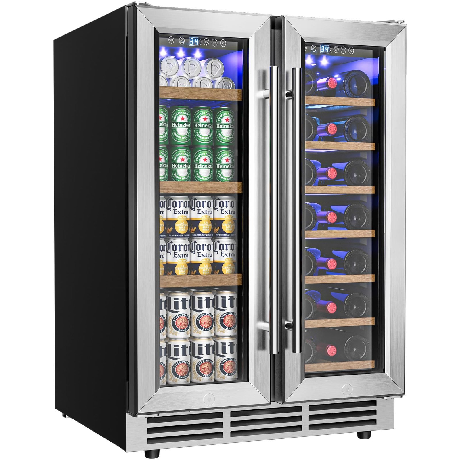 Dual-zone beverage refrigerator with beer cans on one side, wine bottles on the other