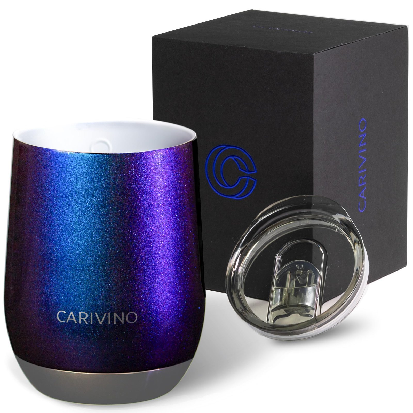Glittery blue and purple Carivino tumbler with lid and box