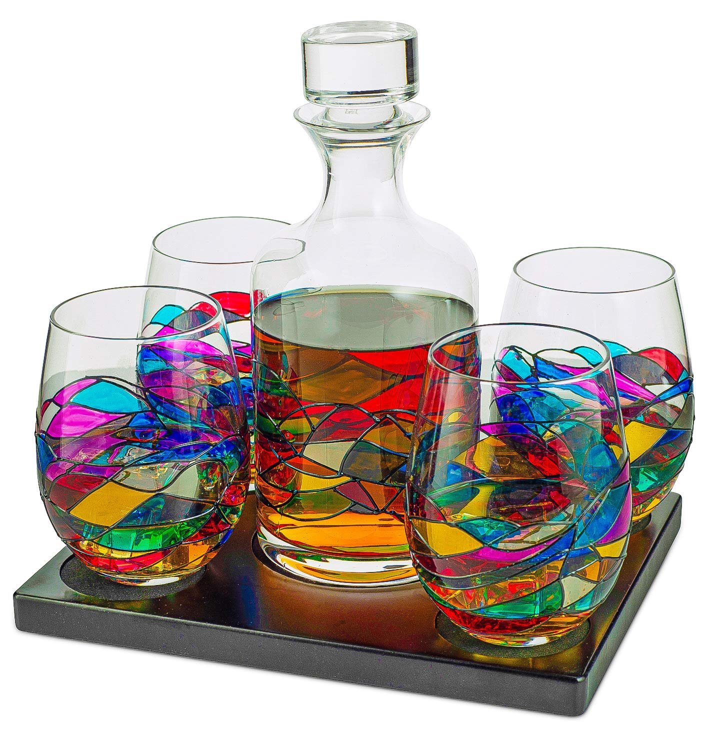 Decanter and glasses set with colorful stained glass design on tray