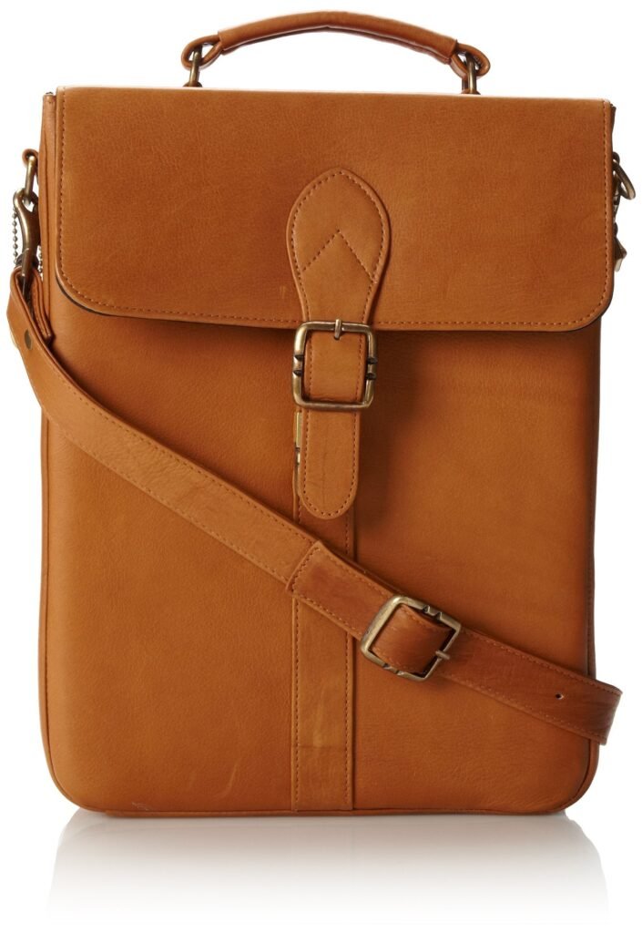 Brown leather messenger bag with handle, buckle, and shoulder strap