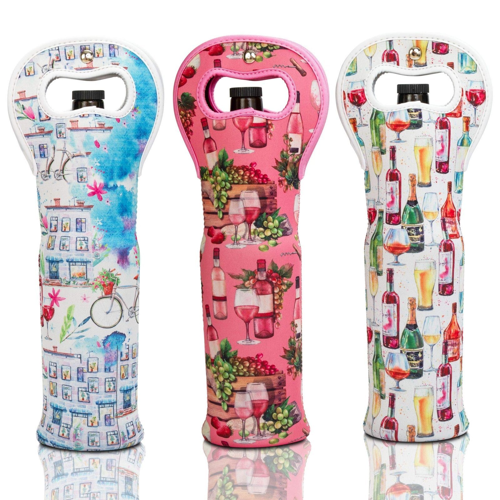 Three wine bottle carriers with different patterns and bottles inside