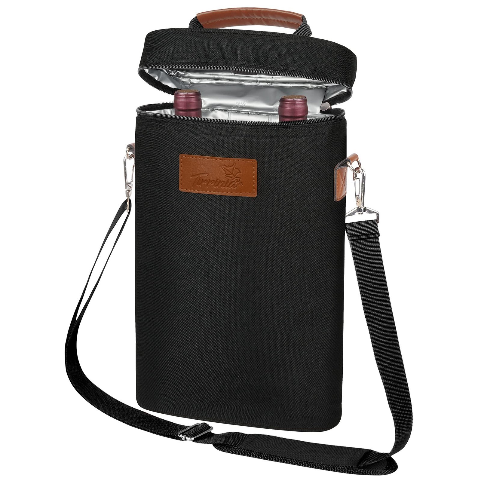 Black insulated wine tote bag with two bottles inside