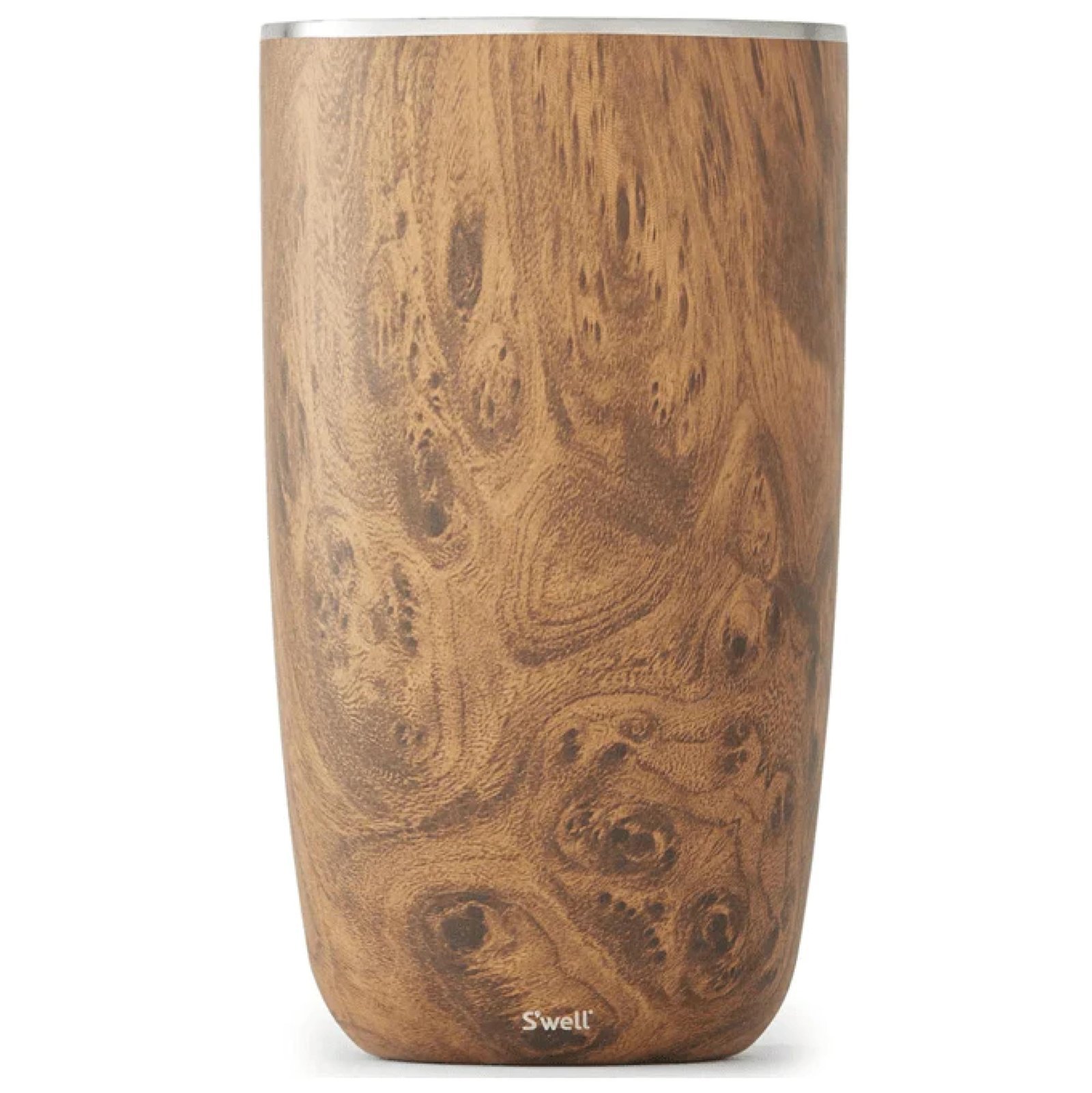 Wooden-patterned S'well tumbler with silver rim, isolated on a white background